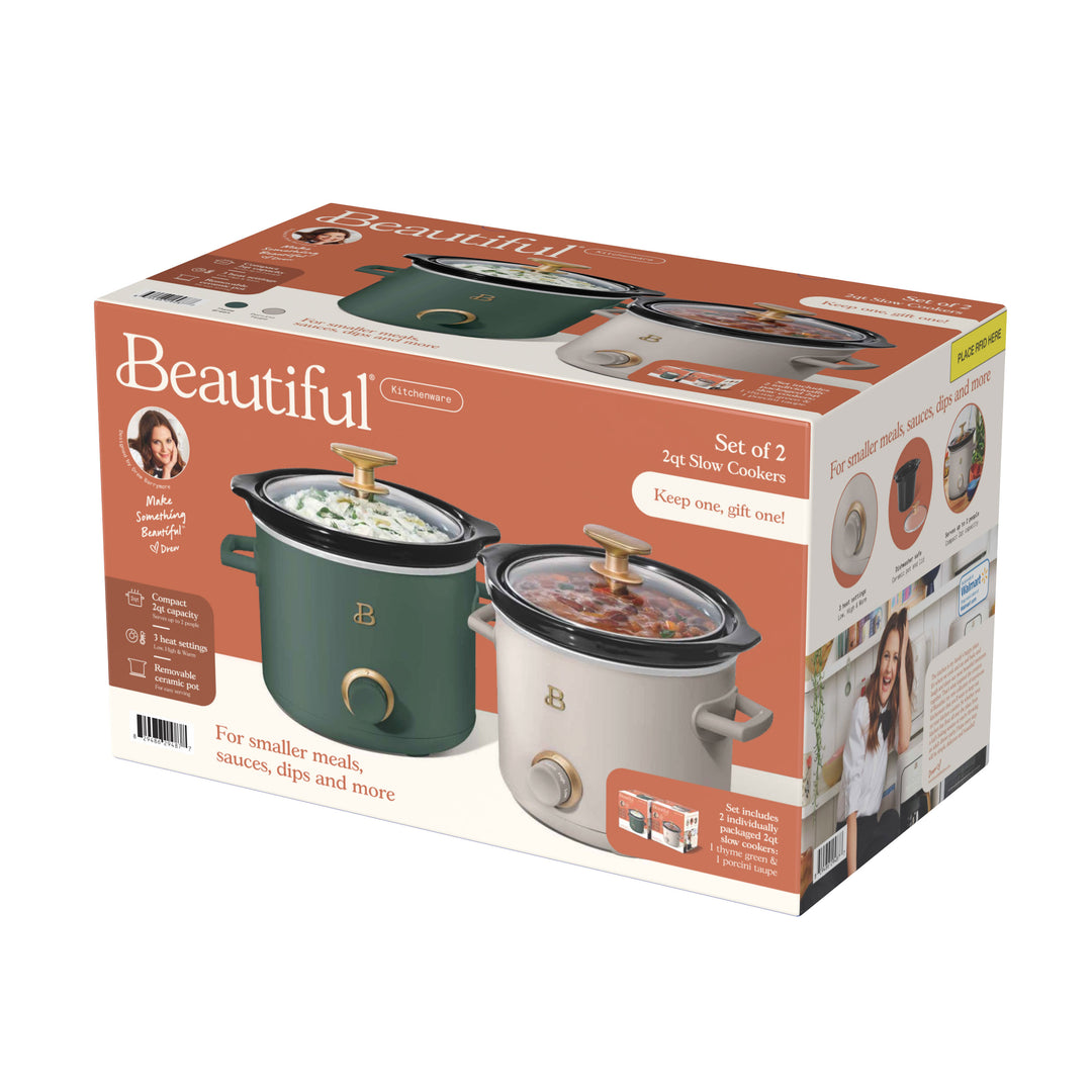 2 Qt Manual Slow Cooker, 2-Pack, Thyme Green and Porcini Taupe